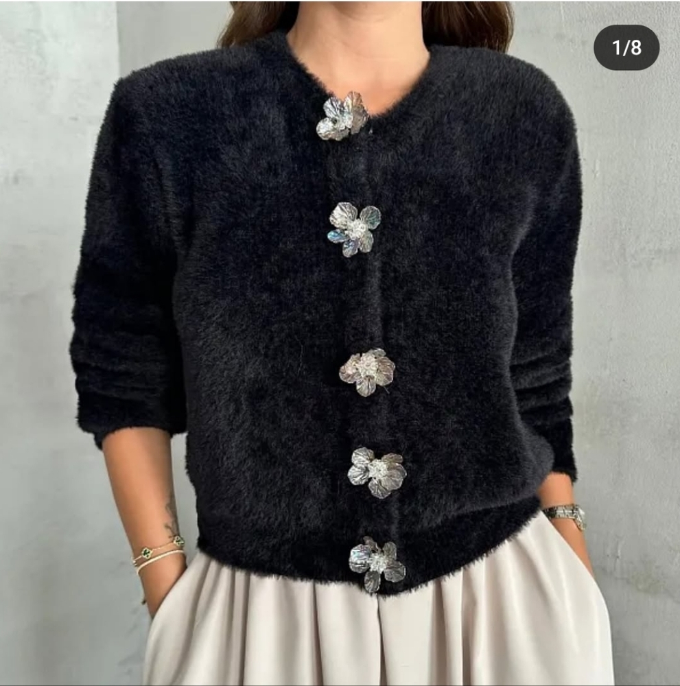 Black Fuzzy Flower-Button Women's Sweater
